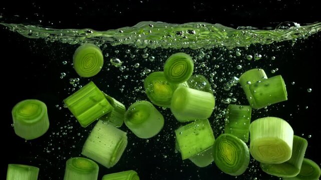Sliced leeks fall under water. Filmed on a high-speed camera at 1000 fps. High quality FullHD footage