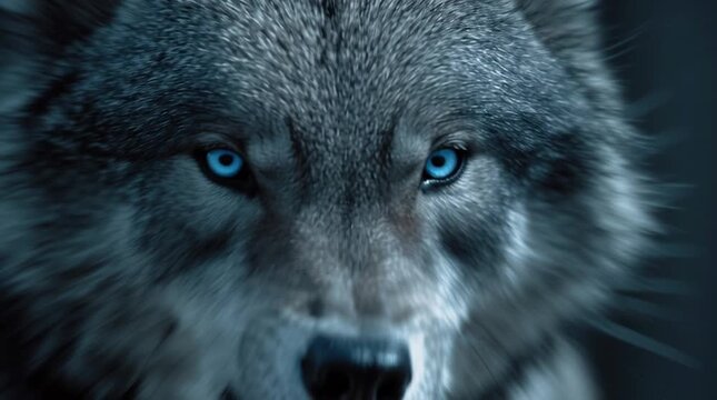 Close up of a gray wolf snarling with bright blue eyes and sharp teeth visible