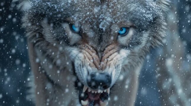 Close up of an angry wolf with bright blue eyes snarling in the falling snow outdoors