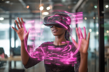 Black school student with VR headset using AI artificial intelligence technology & machine learning. Interactive technology in classroom. Innovation & smart tech. AI pink hologram in education	