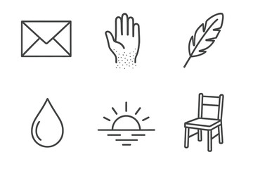 Fototapeta premium Silent Farewells Icons. Line style icons of Silent Farewells: folded letter, fading hand, drifting feather, glowing horizon, soft