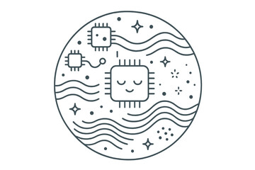 Digital Sleep Icons. Line style vector icons of Digital Sleep: resting processors, glowing waves, quiet currents, dim sparks,