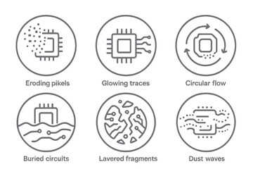 Fototapeta premium Electronic Relic Icons. Line style vector icons of Electronic Relics: eroded pixels, glowing traces, circular flow, buried