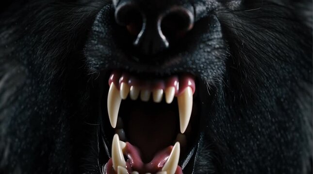 A close up of a black furry creature with sharp teeth and an open mouth snarling