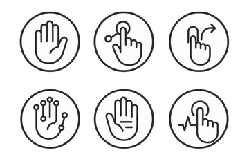 Tactile Logic Icons. Line style round vector icons of Tactile Logic: hand symbol, touch node, finger flow, physical circuit, palm