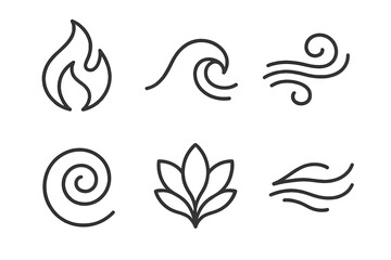 Fototapeta premium Crimson Breeze Icons. Line style round vector icons of Crimson Breeze: flowing flame, red wave, warm gust, glowing swirl, radiant