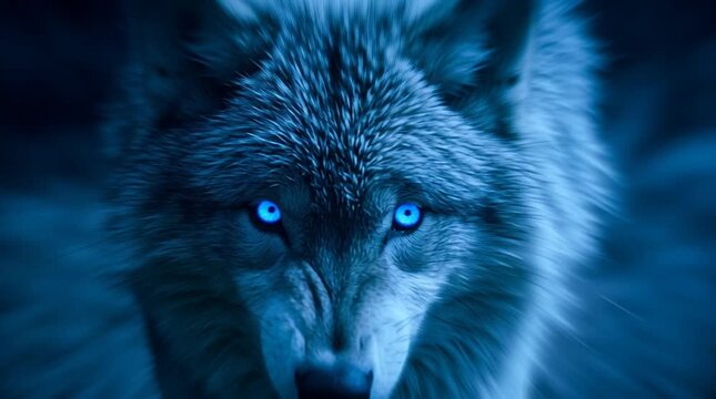 Close up of an angry wolf with blue eyes and bared teeth against a dark blue background