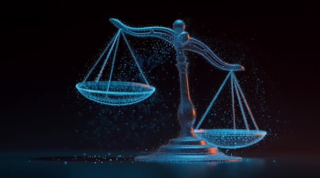 A digital representation of the scales of justice with blue glowing particles effect