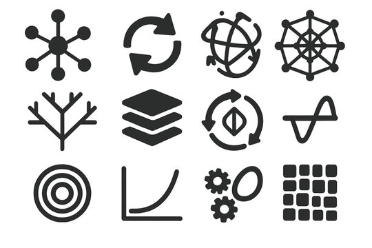 Complex Systems Icons. Solid style icons of complex systems: interconnected nodes, feedback loop arrows, network web, fractal tree