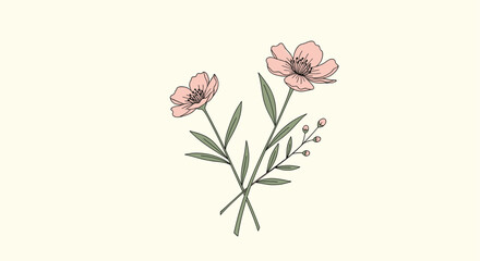 Fototapeta premium Simple and elegant illustration of two delicate pink flowers with green stems and leaves isolated on a light cream background.