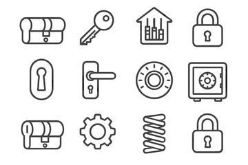 Lock System Icons. Line style icons of Lock System: Tumbler, Key, Internal Mechanism, Security; Cylinder, Gear, Spring, Padlock;