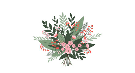 Beautiful winter bouquet illustration with a mix of green leaves pink flowers red berries and pine needles on a white background.