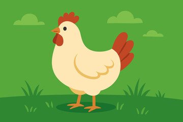 Fototapeta premium Cheerful Lone Chicken. Lone chicken standing on vibrant green grass, soft natural lighting, minimalistic and vector illustration