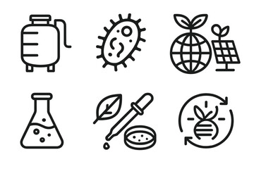 Fototapeta premium Eco-Food Innovation Icons. Line style icons of Eco-Food Innovation: Fermentation Tank, Microbe, Alternative Protein, Sustainable
