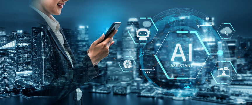 A concept of a global AI virtual assistant. This intelligent agent provides user support through chatbots, performs searches, manages cloud data, and aids in communication. Fermion