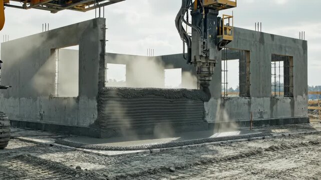 Exciting progress unfolds as a large 3D printer shapes walls on a construction site under a bright sky. Dust rises in the air, marking the future of building methods.