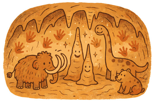 Whimsical Prehistoric Cave. Whimsical doodle cave interior with smiling prehistoric animals, cartoon handprints on walls, cheerful