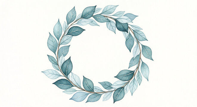 Watercolor image of blue-green leaf wreath on white, creating natural, botanical frame, symbolizing growth, serenity, and invitation, with free space - Powered by Adobe