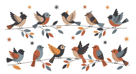 Obraz premium A beautiful collection of stylized folk art birds perched on branches with colorful leaves and stars creating a charming winter scene.