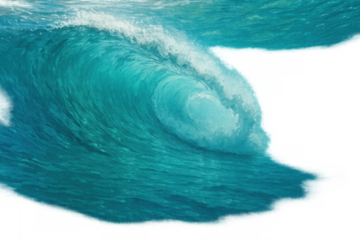 Ocean wave curling, showing power and fluid motion in aqua water on a transparent background