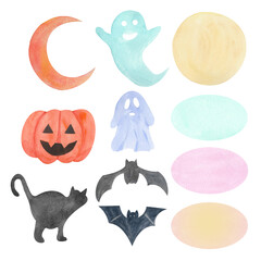 A set of bright, vibrant decorative elements. Isolated images that can be combined as desired, executed in a watercolor style. Perfect for website design, themed menus, or cards for Halloween