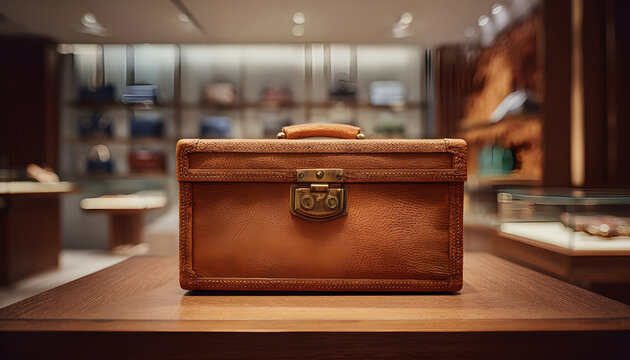 luxurious leather case on a wooden table highlighting detailed craftsmanship while the surrounding showroom softly fades out.