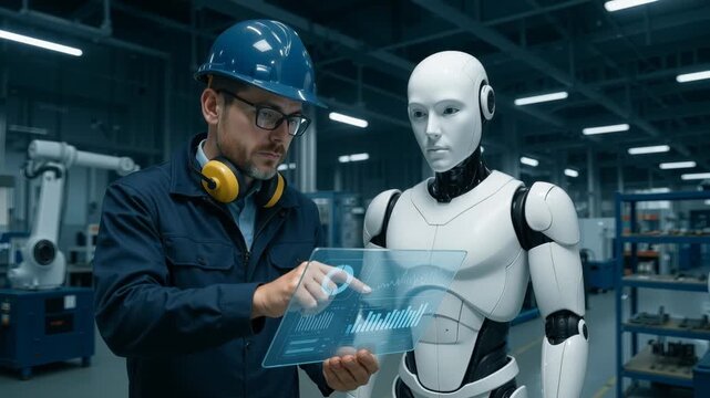 Manufacturing expert discussing performance charts with a humanoid robot. Advanced automation and data analytics in a modern plant. Panning camera movement.