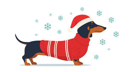 Adorable dachshund dog sporting a festive Christmas sweater and Santa hat surrounded by falling snowflakes for a holiday scene.