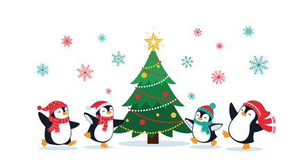 Joyful scene of happy penguins dancing playfully around a decorated Christmas tree surrounded by festive falling snowflakes.