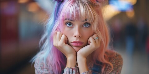 Woman with two-tone pastel hair and vibrant blue eyes, posing with hands under chin in a soft-focus indoor setting, showcasing modern youthful style and cinematic lighting.