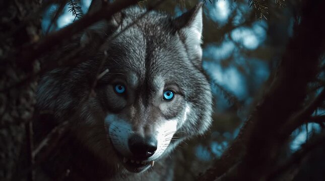 Close up of a snarling wolf showing its teeth surrounded by dark foliage outdoors