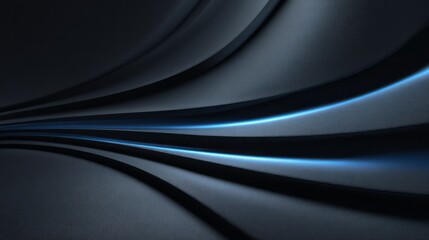 Dark abstract curved surface with blue neon light streaks background. AI generative