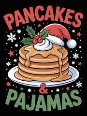 A stack of pancakes is topped with a Santa hat and holly, framed by festive text. Snowflakes and stars accentuate the holiday theme.