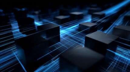 Futuristic data blocks with glowing blue network lines. AI generative