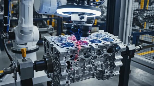 A sophisticated robotic arm carefully scans and assembles engine components at a modern factory. Vibrant lights signal precision work as machines operate efficiently, showcasing innovation.