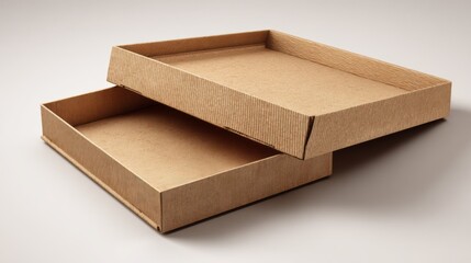 Open kraft cardboard packaging boxes on neutral background. AI generative