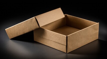 Open kraft cardboard packaging box on dark background. AI generative