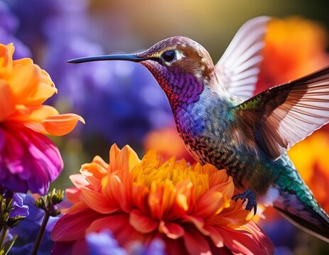 a colorful hummingbird among vibrant flowers