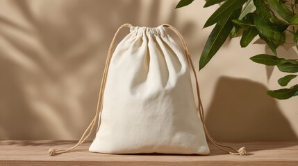 Canvas drawstring bag on wooden table with natural leaves and neutral background. AI generative
