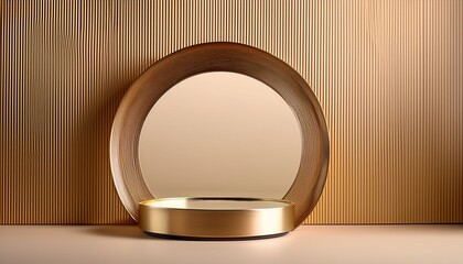 modern minimal round gold colored steel table podium with reeded glass partition on cream colored wall for luxury organic beauty cosmetic product display