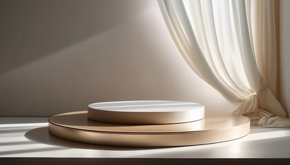modern and luxury cream colored round glossy pedestal podium in dappled sunlight from window with white blowing sheer curtain in white wall background for product display