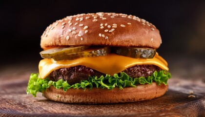 delicious cheeseburger with lettuce pickles onions and sesame seed bun