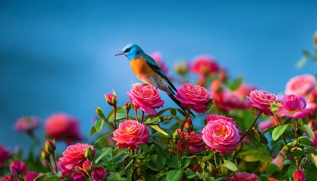 colorful bird perched among blooming roses - Powered by Adobe