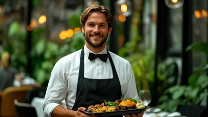 A waiter stands in a restaurant holding a large plate of food. The setting features plants and soft lighting. Diners are seated at tables enjoying their meals.