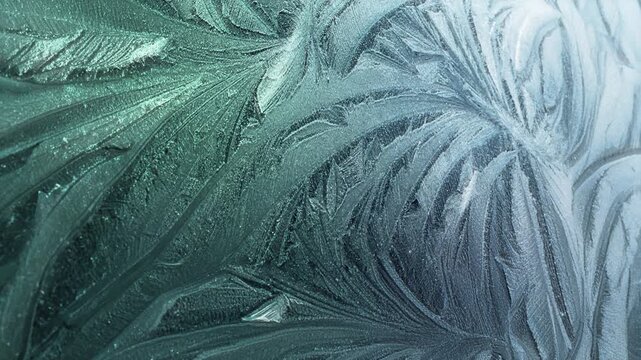 Rotating ice themed winter motion background with patterns of swirling icy frost particles naturally forming cold chilly frost pretty floral organic shapes in cold chilly cool icy teal 4K animated