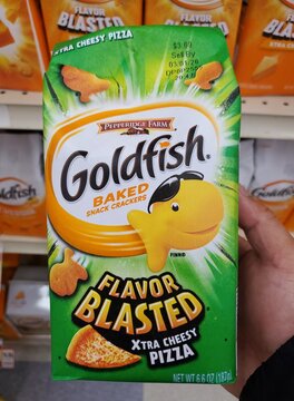 Wilmington, Delaware, U.S - Dec 2, 2025 - Goldfish Flavor Blasted crackers of Xtra Cheesy Pizza variety with bold packaging and fun branding for snack lovers.