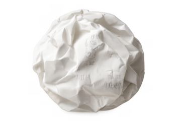 Crumpled white paper ball with faded print on transparent background representing waste, recycling, and discarded documents