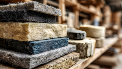 Medium shot capturing layers of natural fiber insulation materials displayed in a workshop illustrating diverse ecoconscious options for sustainable home improvement.