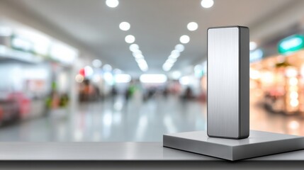 Power Bank on a Glossy Podium in an Airport Setting With a Blurred Background Showcasing Travelers and Shops