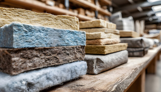 Medium shot capturing layers of natural fiber insulation materials displayed in a workshop illustrating diverse ecoconscious options for sustainable home improvement.